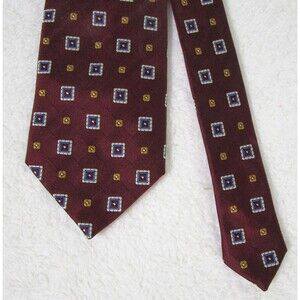 JoS.A.Bank Imported 100% Silk Tie Burgundy  Blue Squares Gold Accents